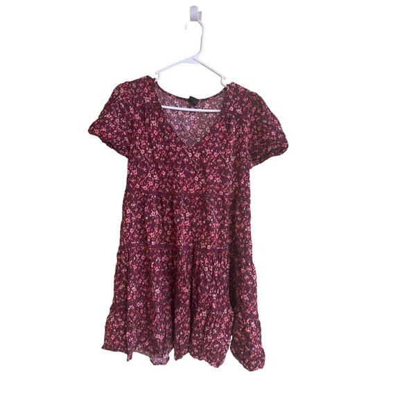 Wild Fable Womens Floral V-Neck Dress M Short Puff Sleeves Burgundy Pink 100% Ra - Picture 1 of 6